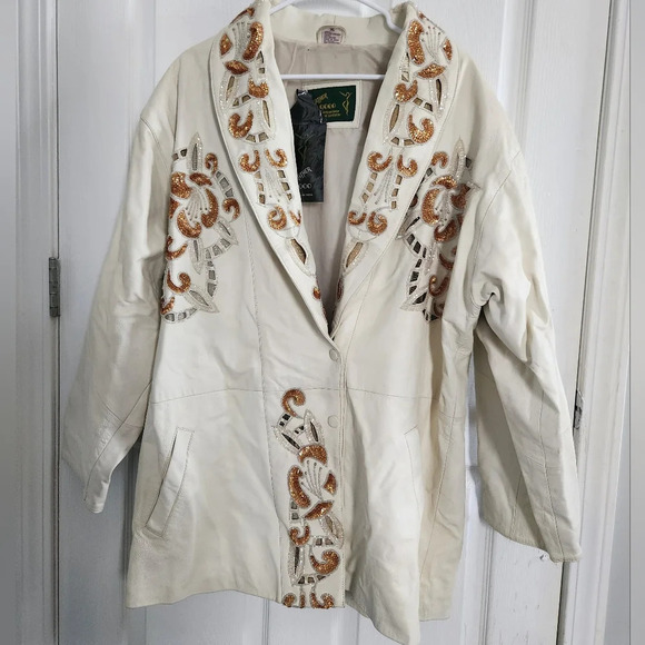 NWT vintage 80s cream embellished sequins glam leather jacket Elvis Nashville XL